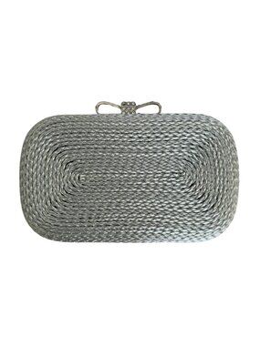 Kate Landry Silver Woven Clutch Rhinestone Bow Evening Bag Box Clutch